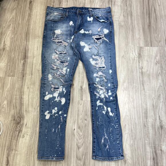 Smoke Rise Mens Jeans W38 L32 Blue Straight Leg Distressed Ripped Paint Splatter - Picture 1 of 10